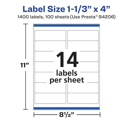 Avery Matte White Removable Rectangle Labels with Sure Feed Technology, 1-1/3" x 4", 1,400 Removable Labels, Laser/Inkjet Printable Labels