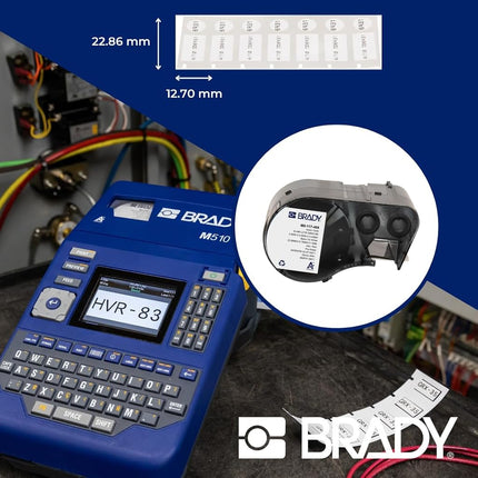 Brady Nylon Cloth Pre-Sized Labels for BMP51, BMP53 & M511 Label Printers – Self-Adhesive Waterproof Tape, Black on White, 22.86mm x 12.70mm + 11.18mm Diameter – Model M5-117-499