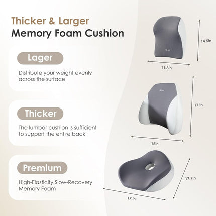FLORICH Car Seat Cushion & Lumbar Support Pillow & Car Neck Pillow Ergonomic and 100% Memory Foam, Upgraded Larger and Breathable Car Seat Cushion & Back Support Pillow - Gray