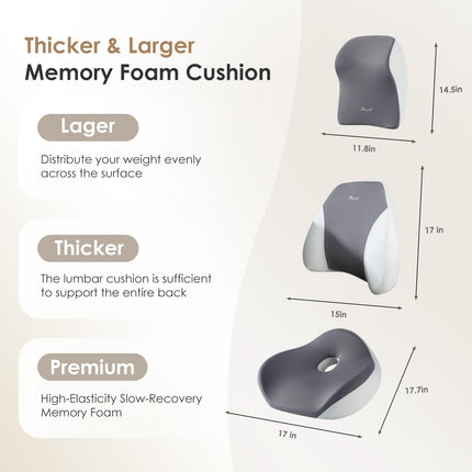 FLORICH Car Seat Cushion & Lumbar Support Pillow & Car Neck Pillow Ergonomic and 100% Memory Foam, Upgraded Larger and Breathable Car Seat Cushion & Back Support Pillow - Gray