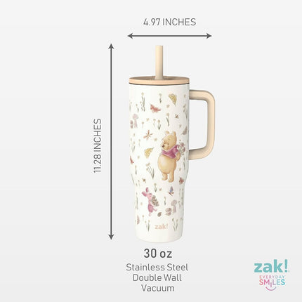 Zak Designs Disney Winnie The Pooh Sutton Travel Tumbler for On The Go, 30oz Stainless Steel with Vacuum Insulation, Silicone Straw, and Carry Handle for Cold Drinks (Pooh and Friends)