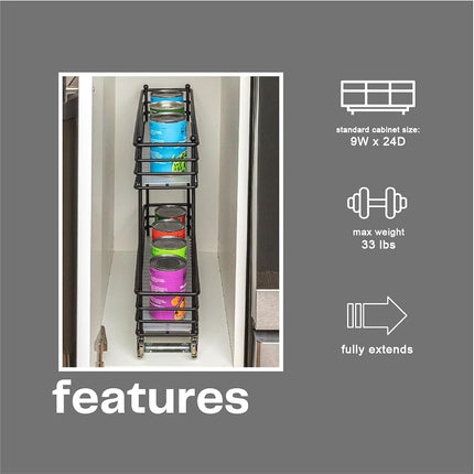 Organisateur coulissant étroit pour armoire Household Essentials, organisateur à deux niveaux, noir mat, idéal pour les armoires étroites dans la cuisine, la salle de bain et plus encore.