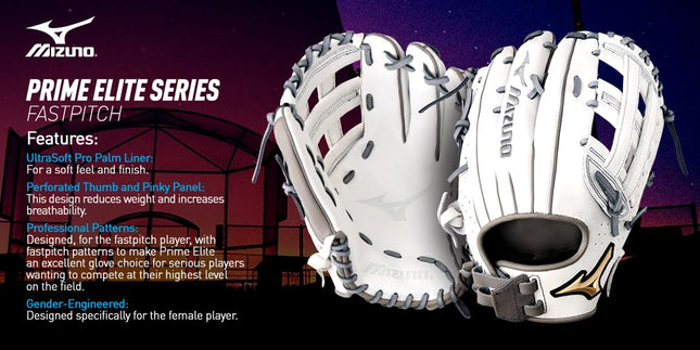 Mizuno Prime Elite Gant de lanceur/voltigeur de softball rapide 12,5" | Gant de CHASSEUR rapide | Droitier Blanc-Gris