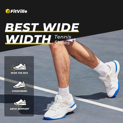 FitVille Men's Wide Tennis Shoes Comfortable Pickleball Shoes with Arch Support for Plantar Fasciitis Wide Feet White