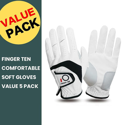 FINGER TEN Golf Gloves Men Left Hand Right Leather 5 Pack, Mens Golf Glove All Weather Grip, Fit Size Small Medium ML Large XL (White(Men Gloves), X-Large(Worn On Left Hand))