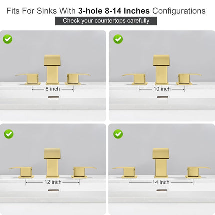 GAGALIFE Grifos de baño de 8 pulgadas tipo cascada de 3 orificios - Grifo de baño dorado cepillado de montaje extendido con desagüe emergente, grifo de lavabo de baño de dos manijas, Patente No. : US D967,340 S
