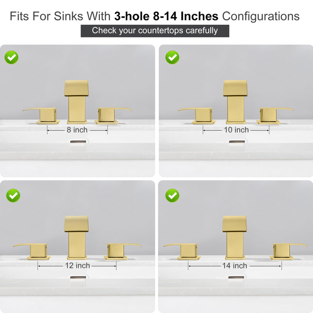 GAGALIFE 8 Inch Waterfall Bathroom Faucets 3 Hole - Brushed Gold Widespread Bathroom Faucet with Pop-up Drain, Two Handles Bathroom Sink Faucet, Patent No. : US D967,340 S