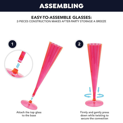 Party Essentials 50Count Hard Plastic Twopiece 5 oz Champagne Flutes, Neon Pink