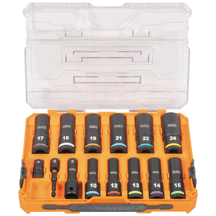 Klein Tools 65111IMPCTM KNECT Deep Well Impact Socket Set, 1/2-Inch Drive, Metric, Color Coded, MODbox Case, Impact Adapter and Extension, 14-Piece