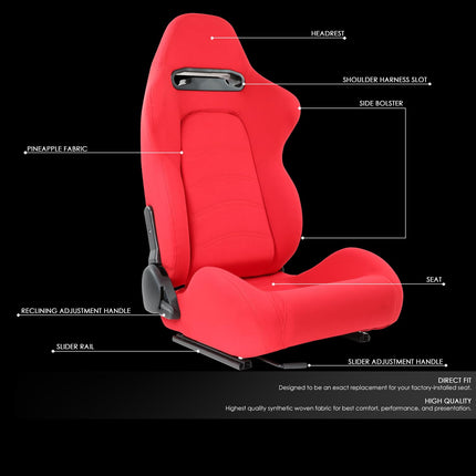 DNA MOTORING Sièges baquets de course universels inclinables avec glissières de montage inférieur, 21,5" L x 21,5" P x 35" H, Rouge, RS-JBR-005-RD