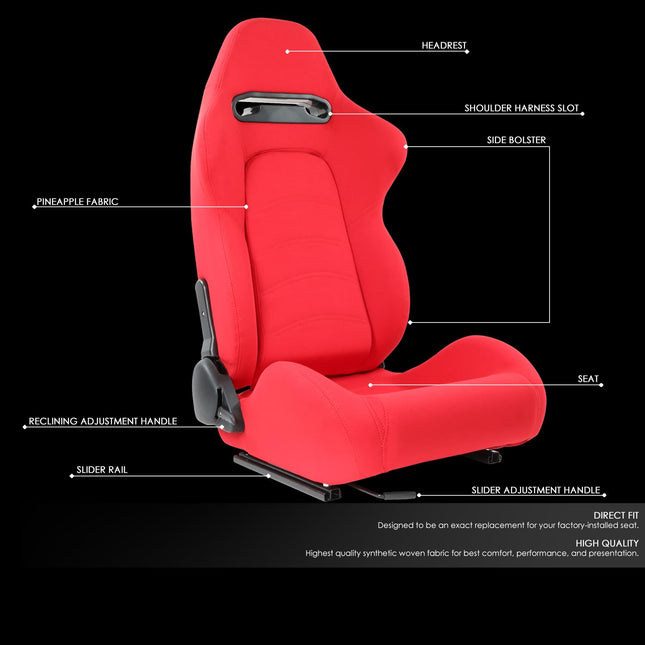 DNA MOTORING Sièges baquets de course universels inclinables avec glissières de montage inférieur, 21,5" L x 21,5" P x 35" H, Rouge, RS-JBR-005-RD