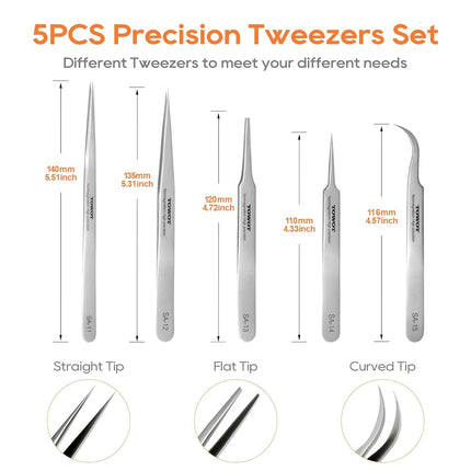 TOWOT Precision Tweezers, 5 PCS Stainless Steel, Non-Magnetic, Heat Resistant, Curved, Jewelry, Electronics, Craft, Soldering, Experimental Work