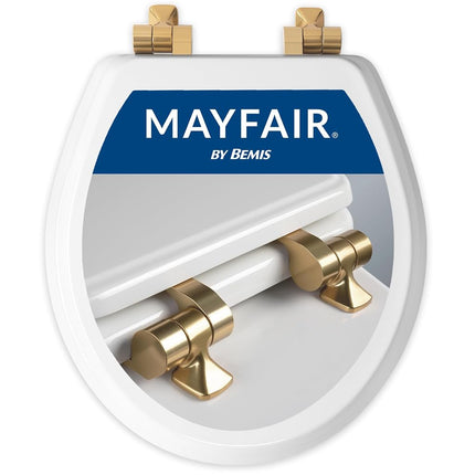Mayfair 826BGSL 000 Asiento de inodoro Benton con bisagras de oro cepillado, cierre lento y nunca se afloja, redondo, madera esmaltada duradera, blanco