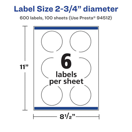Avery Matte White Round Labels with Sure Feed, 2.75" Diameter, 600 Matte White Printable Labels