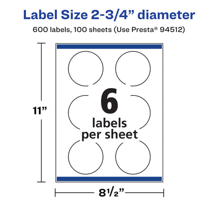 Avery Matte White Round Labels with Sure Feed, 2.75" Diameter, 600 Matte White Printable Labels
