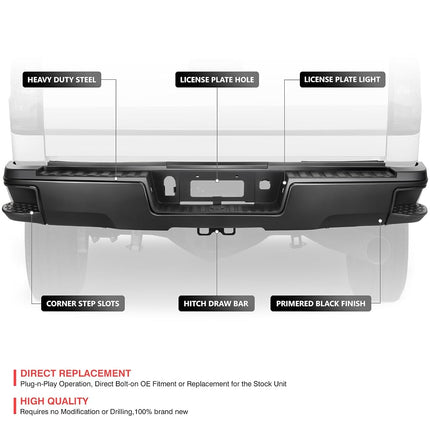 Pare-chocs arrière DNA MOTORING compatible avec Silverado/Sierra 2500HD 3500HD 2015-2019, sans trous pour capteurs de stationnement arrière, GM1103190, STEPBUM-10057