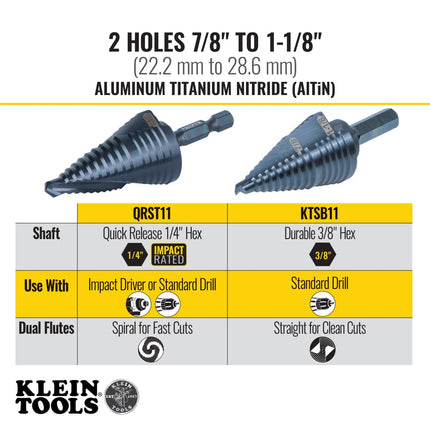 Klein Tools KTSB11 Broca escalonada 11 doble ranura de 7/8 a 1-1/8 pulgadas con marcas y objetivos fáciles de leer, vástago hexagonal de 3/8 pulgadas, negra