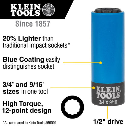2-in-1 Non-Marring Impact Socket, Coated 12-Point Deep Sockets, 3/4- and 9/16-Inch Sizes Klein Tools 66030