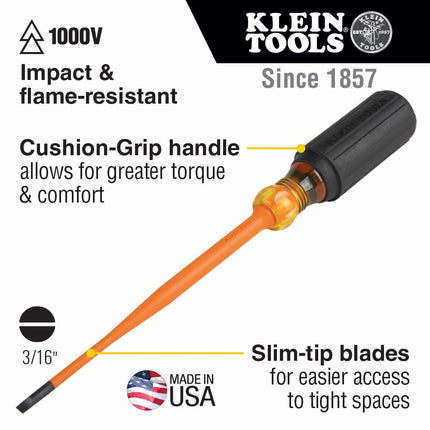 Klein Tools 6916INS 1000V Slim Tip Insulated Screwdriver, 6-Inch Round Shank, 3/16-Inch Cabinet Tip, Cushion Grip Handle