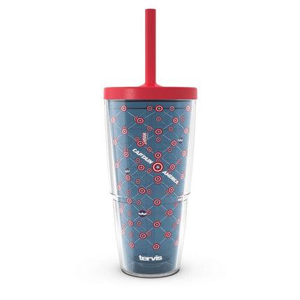 Tervis Marvel - Captain America Shield Grid Gobelet de Voyage Isotherme à Double Paroi Fabriqué aux États-Unis, Garde les Boissons Froides et Chaudes, 700 ml avec Couvercle à Paille, Classique
