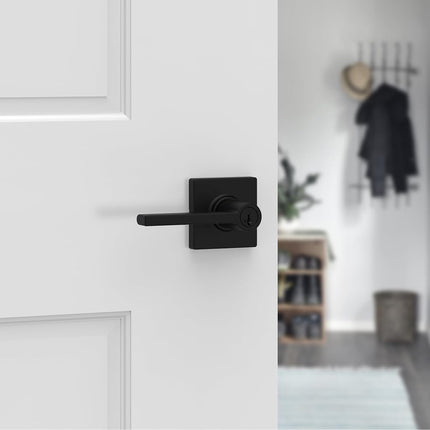 Kwikset Casey Entry Door Handle with Lock and Key, Secure Keyed Reversible Lever Exterior, for Front Entrance and Bedrooms, Matte Black, Pick Resistant Smartkey Rekey Security and Microban