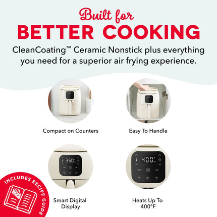 DASH Tasti-Crisp™ Ceramic Air Fryer Oven, 2.6 Qt., Cream – Compact Air Fryer for Healthier Food in Minutes, Ceramic Nonstick Surface, Ideal for Small Spaces - Auto Shut Off, Digital, 1000-Watt