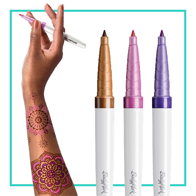 Bic BodyMark Temporary Tattoo Marker with Fine Tip, Mandala, Assorted Colors, Pack of 3 Markers + 3 Stencils
