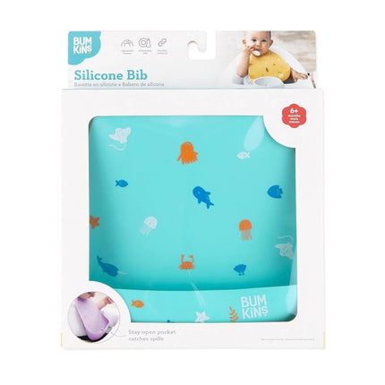 Bumkins Bibs, Silicone Pocket for Babies, Baby Bib for Girl or Boy, for 6-24 Months Up to Toddler, Essential Must Have for Eating, Feeding, Baby Led Weaning Supplies, Mess Saving, Ocean Life Blue