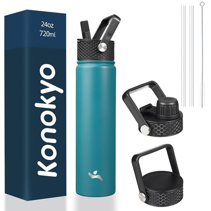 Konokyo Insulated Water Bottle with Straw,24oz 3 Lids Metal Bottles Stainless Steel Water Flask,Light Blue