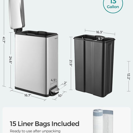 SONGMICS 48L Slim Pedal Bin, Steel, with Lid, Soft Closure