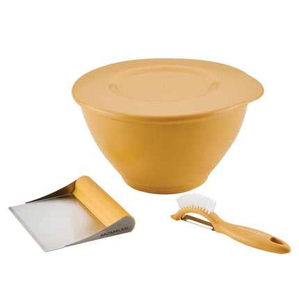 Rachael Ray Tools and Gadgets Kitchen Prep, Garbage Bowl with Lid, Bench Scrape, Veggie Peeler, 4 Piece Food Prep Set - Tumeric Yellow
