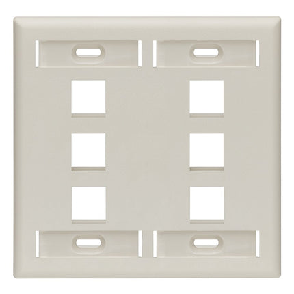 Placa de pared QuickPort Leviton de 6 puertos y doble pandilla con ventanas de identificación, 42080-6TP, almendra clara