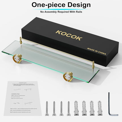 KOCOK 20 Inches Glass Shelves for Bathroom, Brushed Gold Floating Glass Shelf Stainless Steel Tempered Glass Bathroom Shelves for Wall Mount Modern