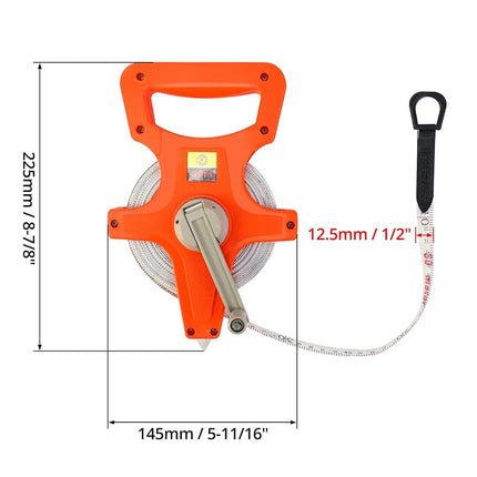 QWORK 1/2" x 100' Fiberglass Tape Measure, 2 Packs Engineer's Open Four-arm Frame Design Versatile Folding End Hook Reel Dual Sided Measure, Orange