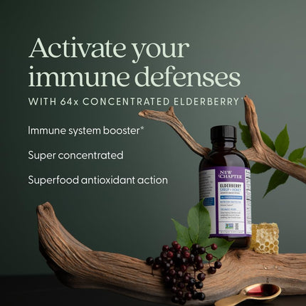 New Chapter Elderberry Syrup, 24 Servings, Immune Defense for Kids (4+) & Adults, 64x Concentrated Black Elderberry + Grade A Honey, No Corn Syrup, Non-GMO, Gluten Free