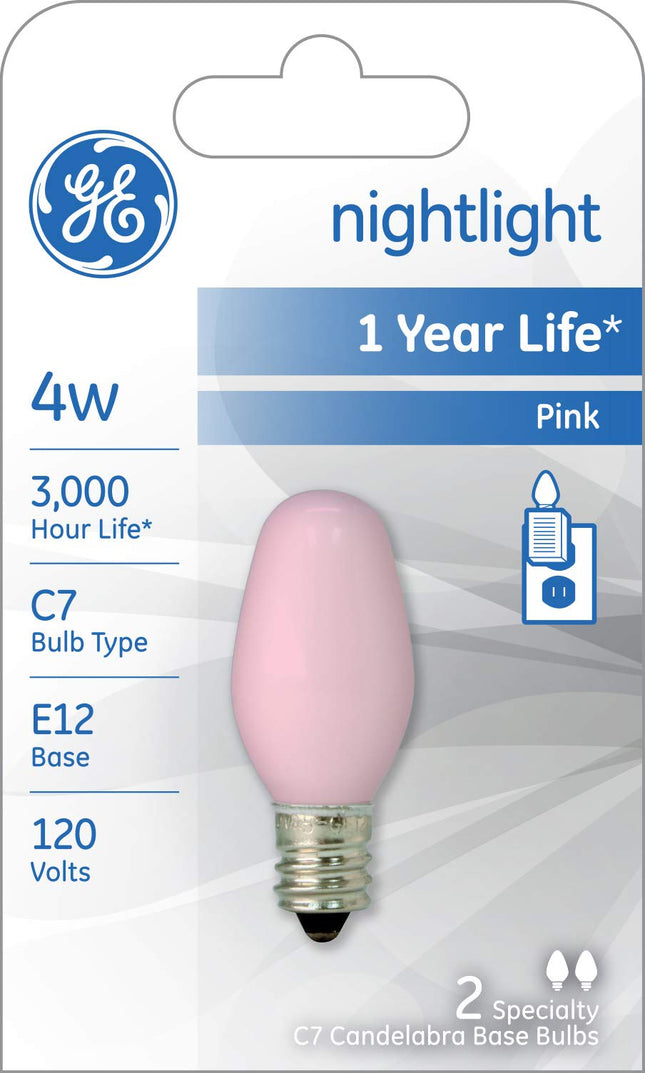 GE Lighting 26222 4-Watt 14-Lumen C7 Night Light Bulb, Pink, 2-Pack