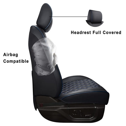 Huidasource Car Seat Covers for Dodge Ram, Full Coverage Waterproof Leather Pickup Truck Seat Cushion Protector Fit for 2009-2018 1500, 2010-2025 2500/3500 Crew Mega Cab(Full Set/Black&Blue)