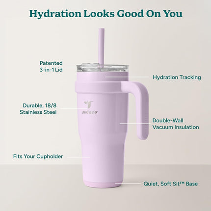 Reduce 24 oz Tumbler with Handle - Vacuum Insulated Stainless Steel Travel Mug with Sip-It-Your-Way Lid and Straw - Keeps Drinks Cold up to 24 Hours - Sweat Proof, Dishwasher Safe - OG Lilac Bud