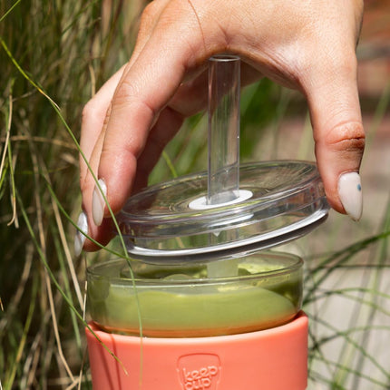 KeepCup Longplay Cold Cup - Double wall Glass, Reusable Ice Coffee Cup with Boba Straw and Lid - Medium 12oz (340ml) - Chalk