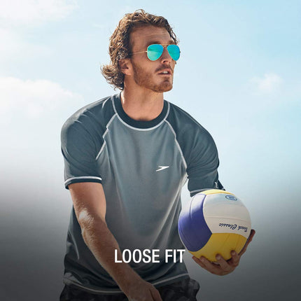 Speedo Men's Uv Swim Shirt Short Sleeve Loose Fit Easy Tee, Granite, Uv Swim Shirt Short Sleeve Loose Fit Easy Tee