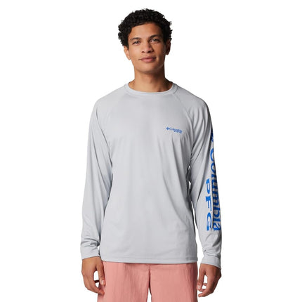 Columbia Men's Terminal Tackle Long Sleeve Fishing Shirt, Cool Grey/Vivid Blue Logo, Large