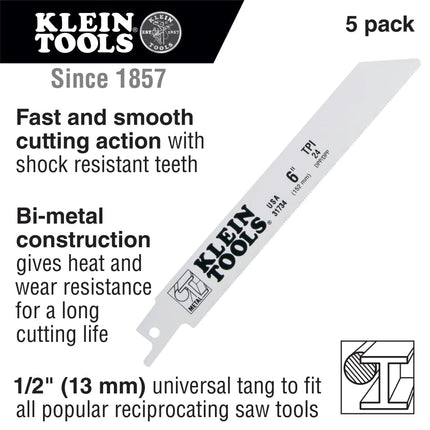 Klein Tools 31734 Reciprocating Saw Blade for 18-Gauge Metal, 24 TPI, 5-Pack