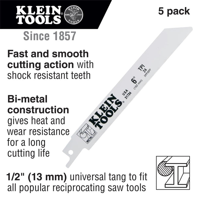 Klein Tools 31727 Reciprocating Saw Blades, 14 TPI, 6-Inch, 5-Pack, Made in USA