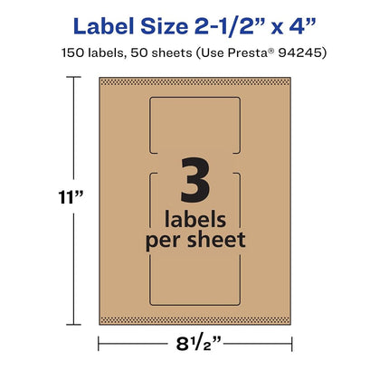 Avery Kraft Brown Rectangle Labels with Sure Feed, 2.5" x 4", 150 Kraft Brown Labels, Print-to-The-Edge, Laser/Inkjet Printable Labels