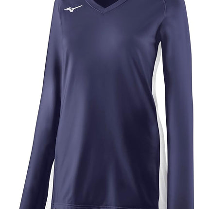 Mizuno Youth Girl's Spike Long Sleeve Volleyball Jersey, Navy-White, Large