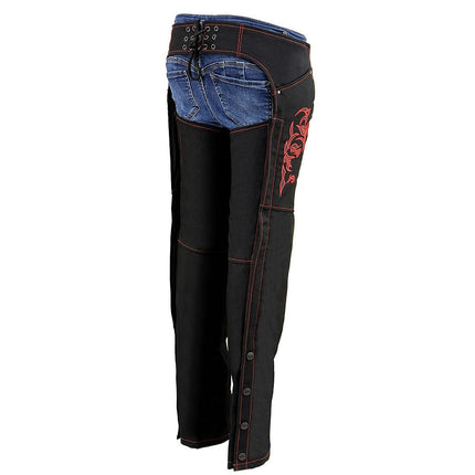 Milwaukee Leather SH1182 Women's Black with Red Textile Motorcycle Riding Chaps with Tribal Embroidery - 3X-Large