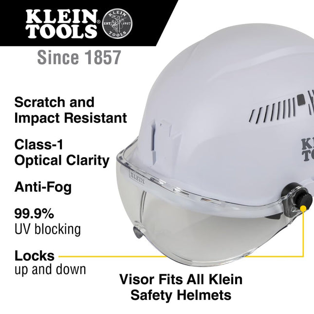Klein Tools VISORCLR Visera Transparente para Casco de Seguridad, Perfil Bajo, Resistencia a Impactos, Antiempañamiento, Resistente a Arañazos, Abatible, Protección UV