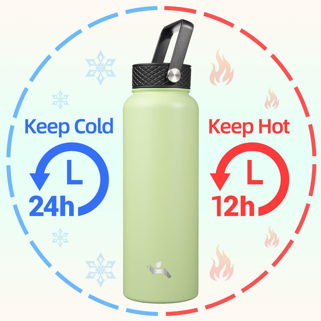 Konokyo 40oz Insulated Water Bottle Sport Stainless Steel Water Bottles with 3 Lids,Macaron Green