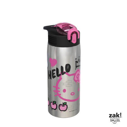 Zak Designs Sanrio Botella de agua para viajes y el hogar, 560 ml, acero inoxidable con aislamiento al vacío con tapa de boquilla de bloqueo, asa de transporte integrada, diseño a prueba de fugas (Hello Kitty)