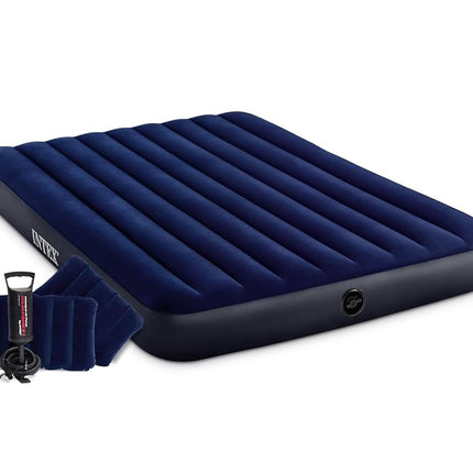 Intex 64765E Dura-Beam Standard Classic Air Mattress with Inflatable Pillows: Fiber-Tech - Queen Size - Hand Pump - 10in Bed Height - 600lb Weight Capacity